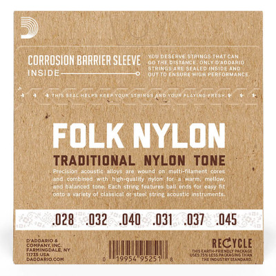 D'ADDARIO EJ33 FOLK NYLON 80/20 Bronze Ball End Clear Treble струни для класичної гітари